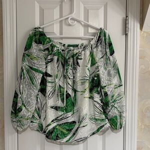 White House Black Market Outlet Green Leaf Print Top with Sheer Sleeves